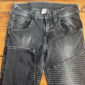 True Religion Moto Jeans Mens 31x33 Faded Black Pleated Slim‎ Axel Gray *SEE